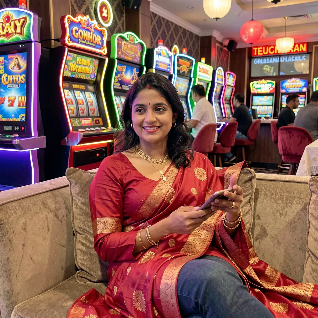 Confident Bangladeshi woman browsing the CK688 casino app on her phone in a stylish indoor setting with warm lighting