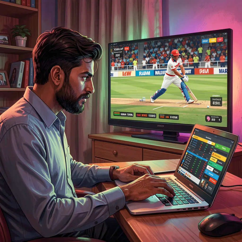 Focused Bangladeshi sports bettor analyzing live cricket odds on a laptop at home while watching the match and using CK688