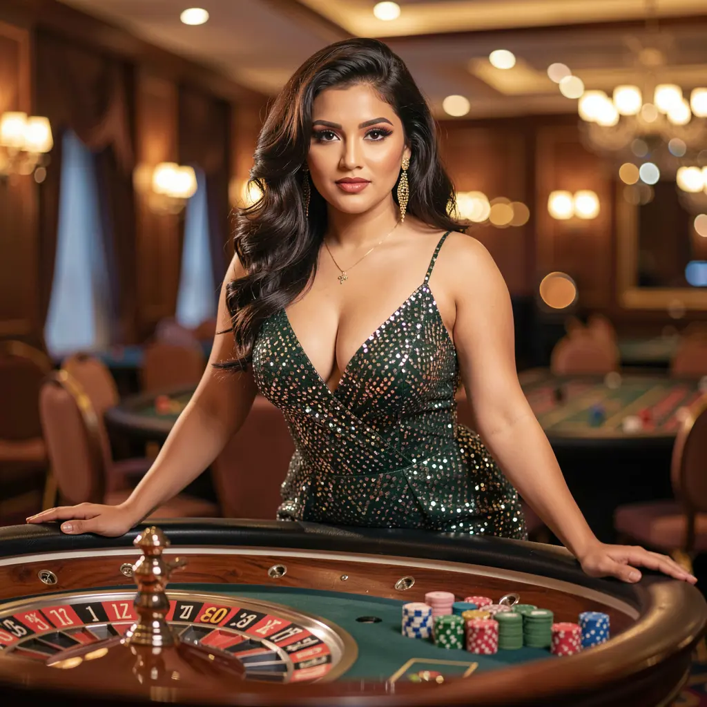 Stylish woman in an elegant evening dress leaning against a roulette table surrounded by glowing casino lights representing the high class gaming atmosphere of CK688 for players in Bangladesh