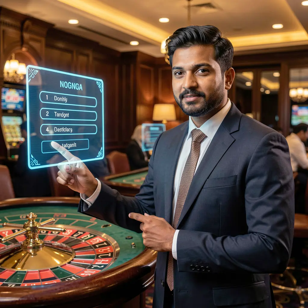 Professional casino dealer pointing at a futuristic holographic login panel with a glowing roulette table in the background representing secure access at CK688 for players in Bangladesh