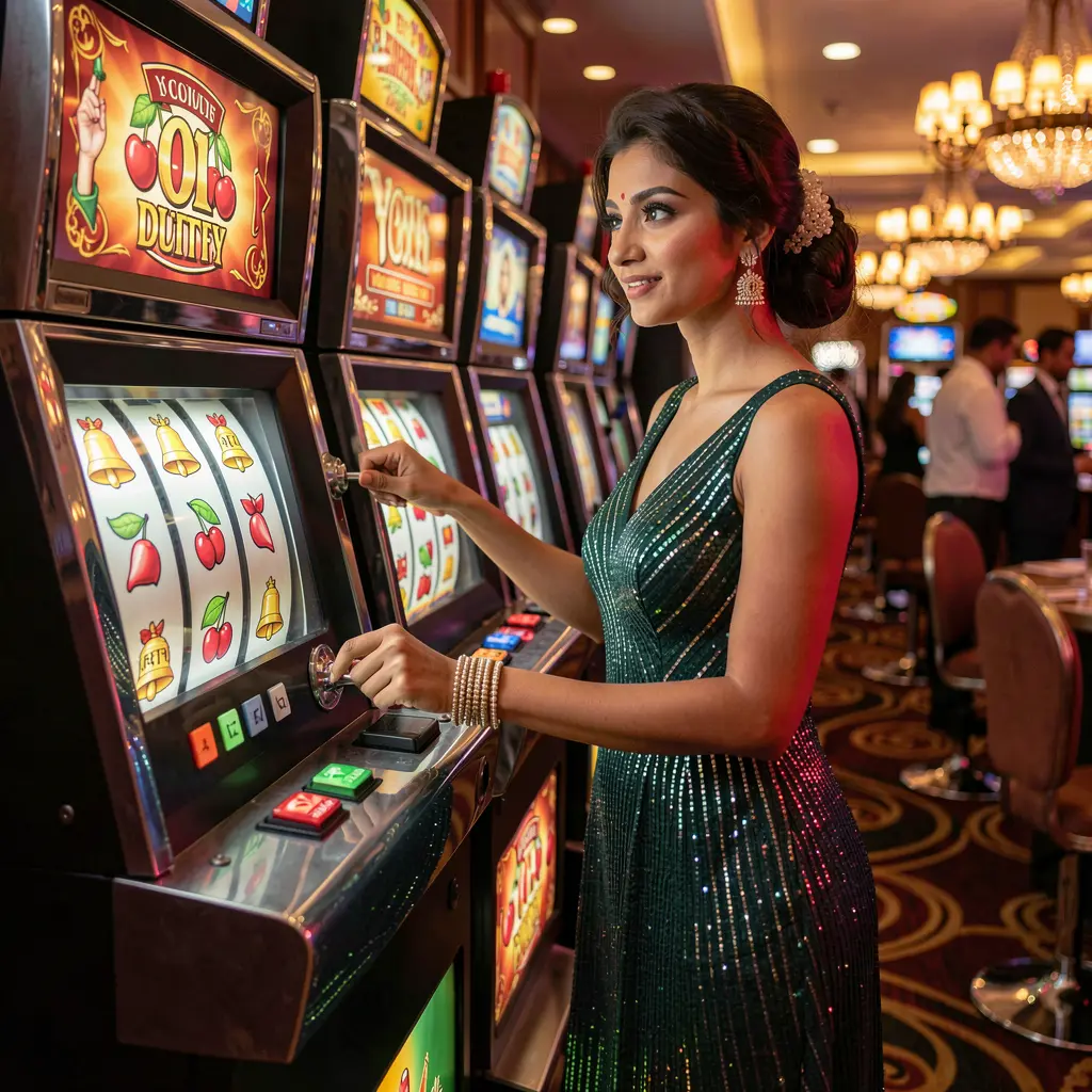 Sophisticated Bangladeshi woman enjoying premium slot gameplay with bright fruit symbols and casino lights on CK688 online casino